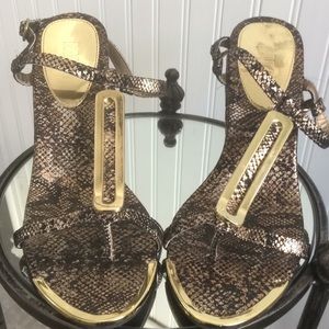 Mia brown fabric snakeskin Wedge with gold trim